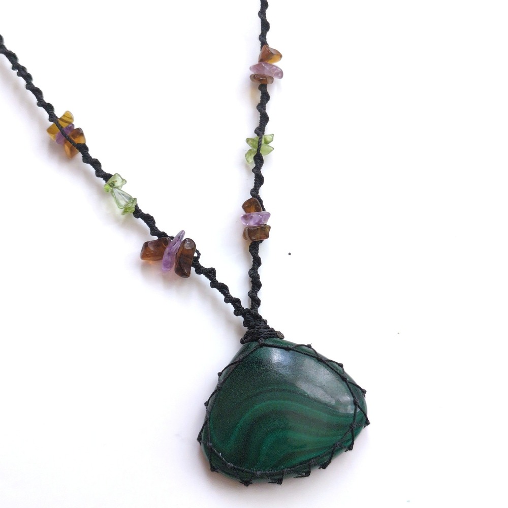 Vtg Green Malachite Stone & Macrame Necklace Amethyst Peridot Boho Handmade